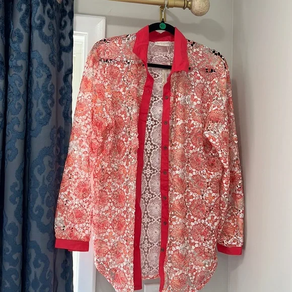 Ramy Brook Gary Princed Lace Swim Cover Up Shirt - Picture 3 of 8